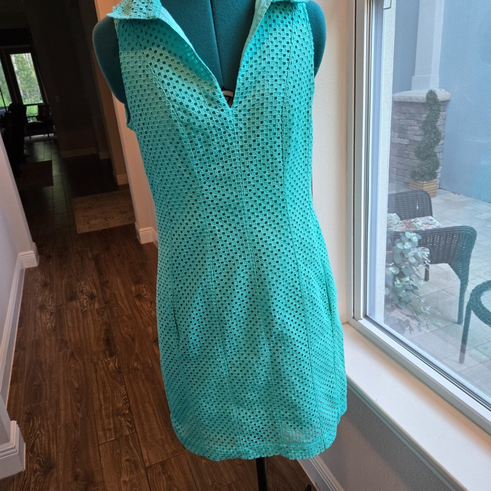 Dizzy Lizzie Dress Womens Medium Green Eyelet Cotton Sleeveless Pockets A-Line